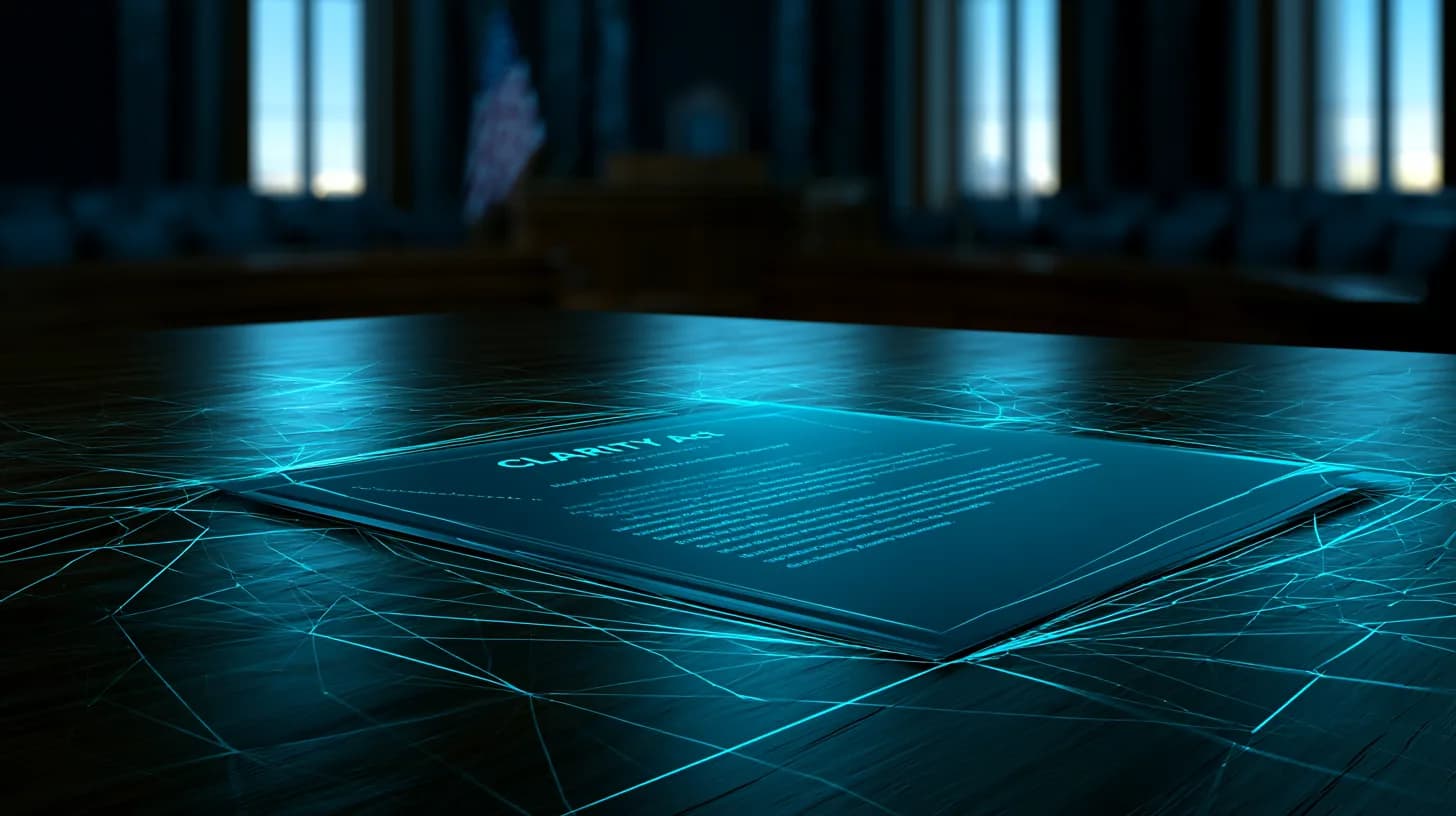 Open CLARITY Act legislative folder on a Senate chamber desk under warm late afternoon light