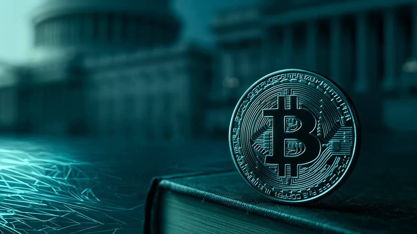 Physical Bitcoin coin on a hardcover book with the US Capitol blurred in the background at golden hour