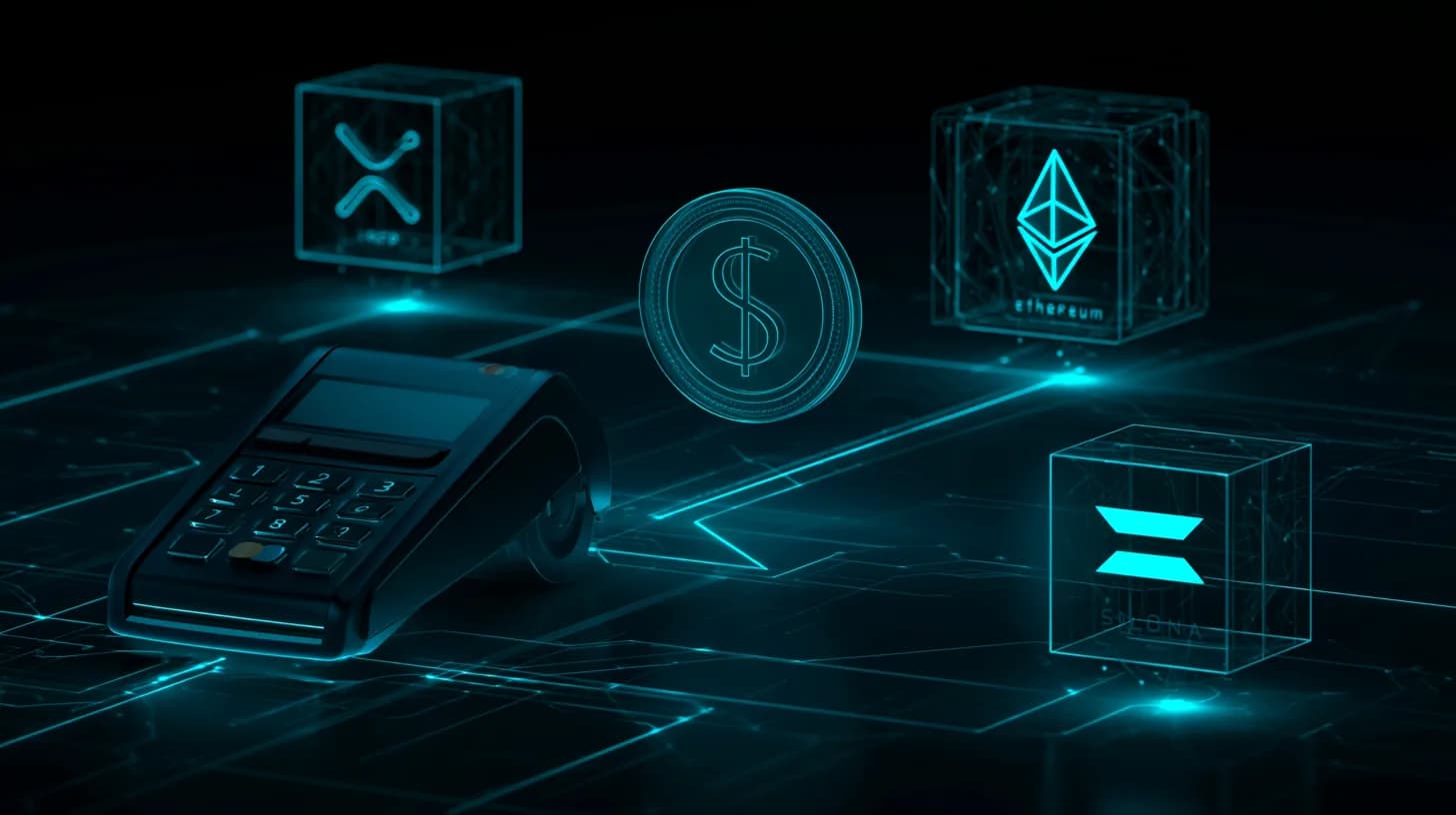 Mastercard terminal linked to XRP Ledger, Ethereum and Solana nodes with an RLUSD dollar coin in the center