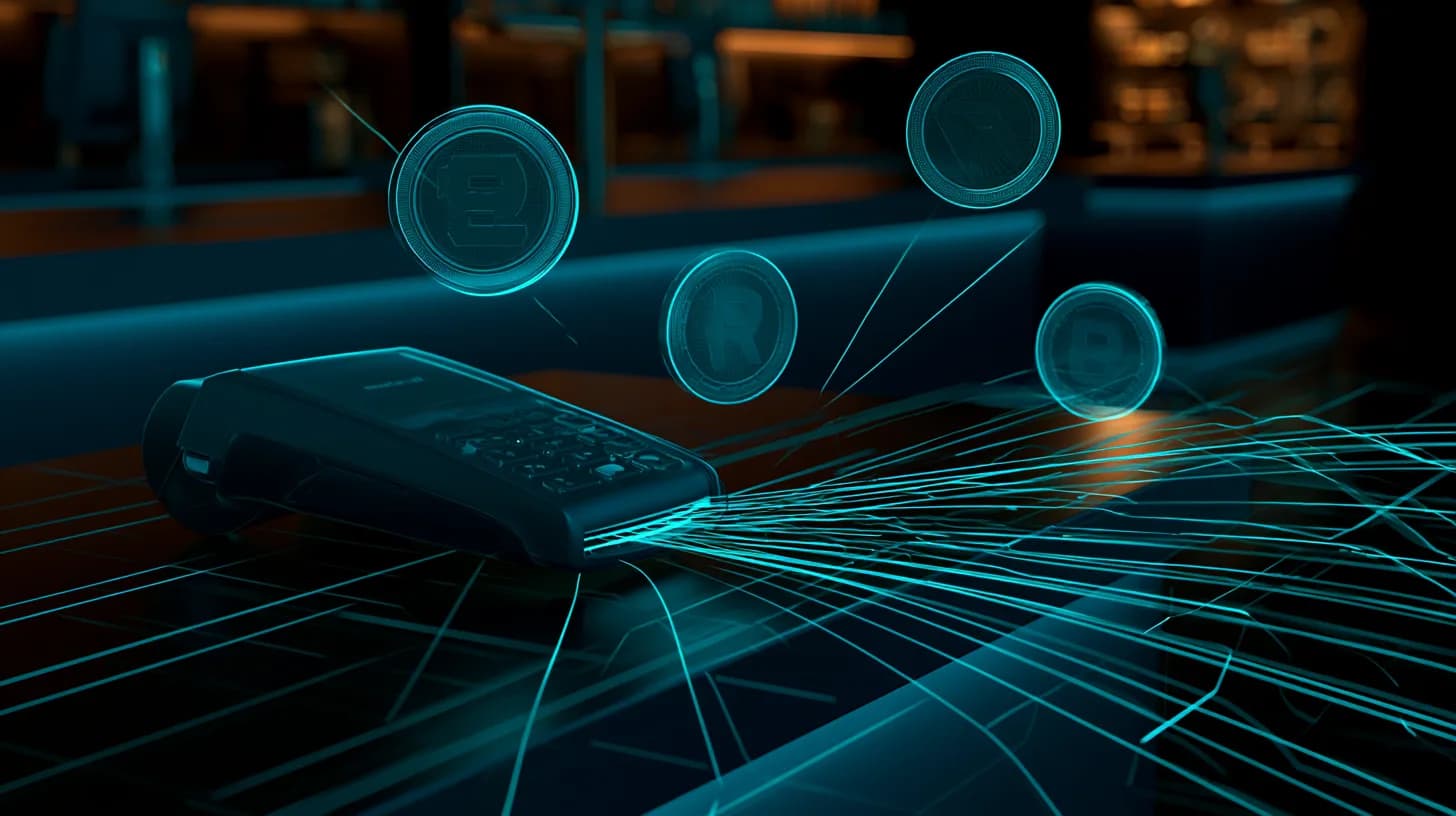 Mastercard terminal with glowing on-chain settlement lines connecting to USDC, RLUSD and PYUSD stablecoin tokens