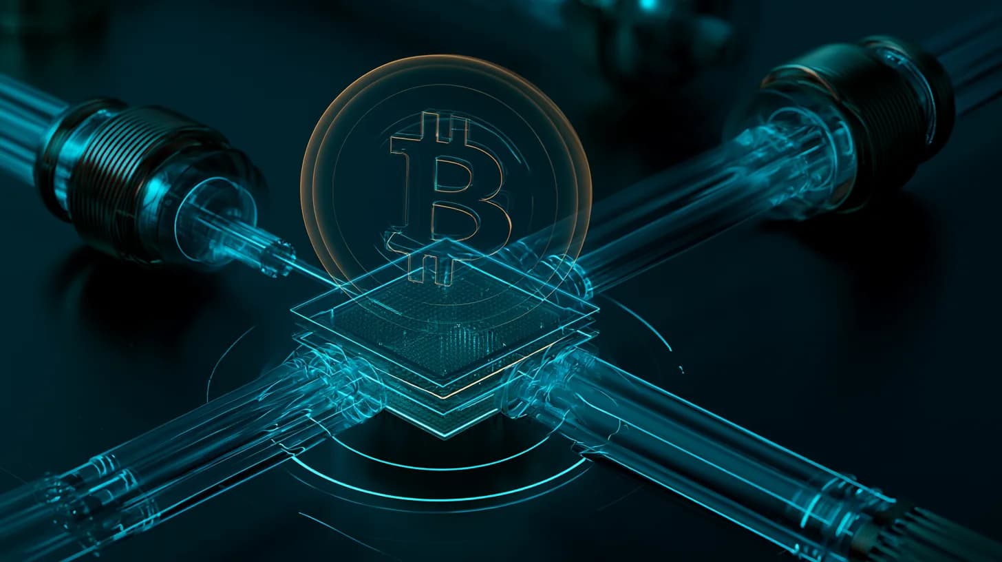 Quantum processor chip with a translucent Bitcoin symbol hovering above it, illustrating post-quantum cryptographic risk to…