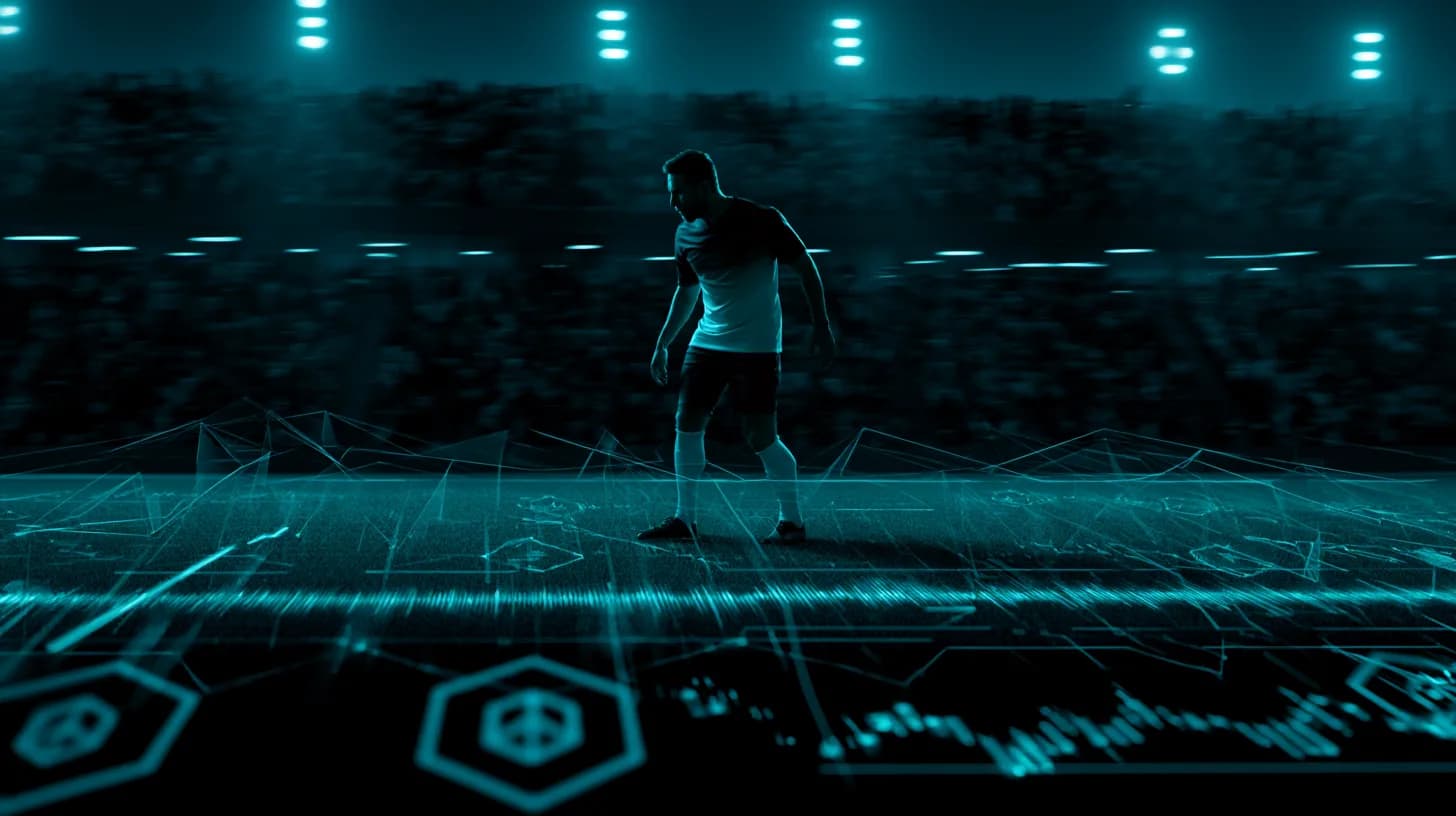 Veteran footballer on floodlit pitch with faint holographic token overlays, illustrating 2026 World Cup crypto sponsor…
