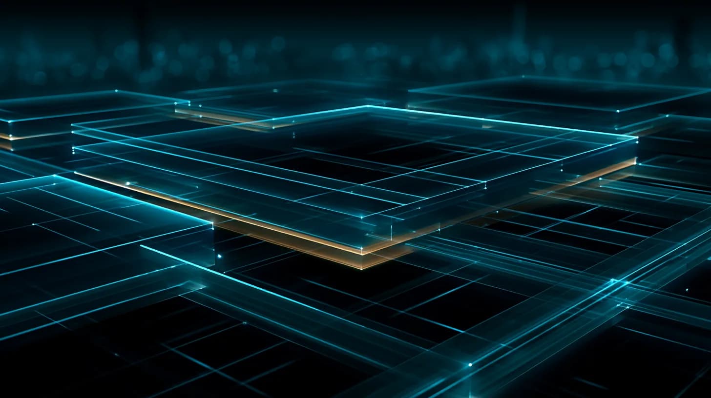 Layered translucent panels and glowing network nodes illustrating onchain credit infrastructure