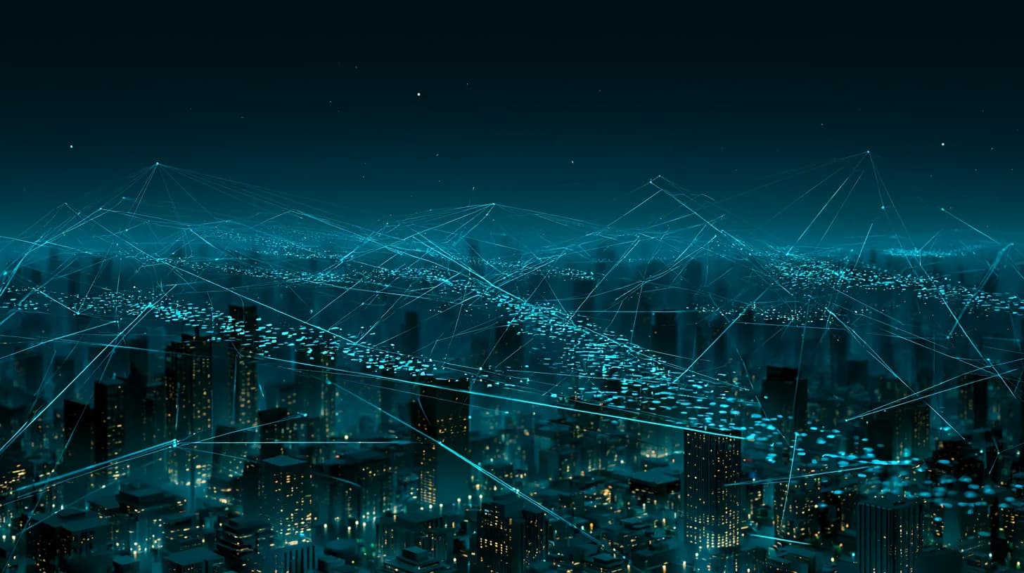 Tokenized credit threads rising from an Asian skyline into a digital lattice above
