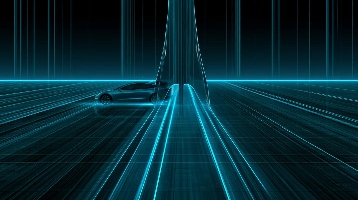Tesla car and SpaceX rocket merging into one logo over a bitcoin-marked corporate ledger