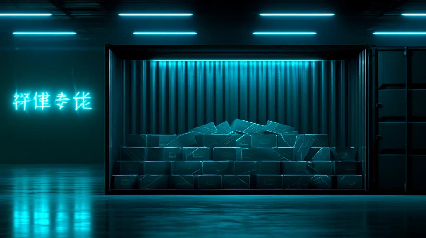 Stacks of Nvidia H100 AI GPU boxes in a dimly lit Shenzhen warehouse under neon Mandarin signage