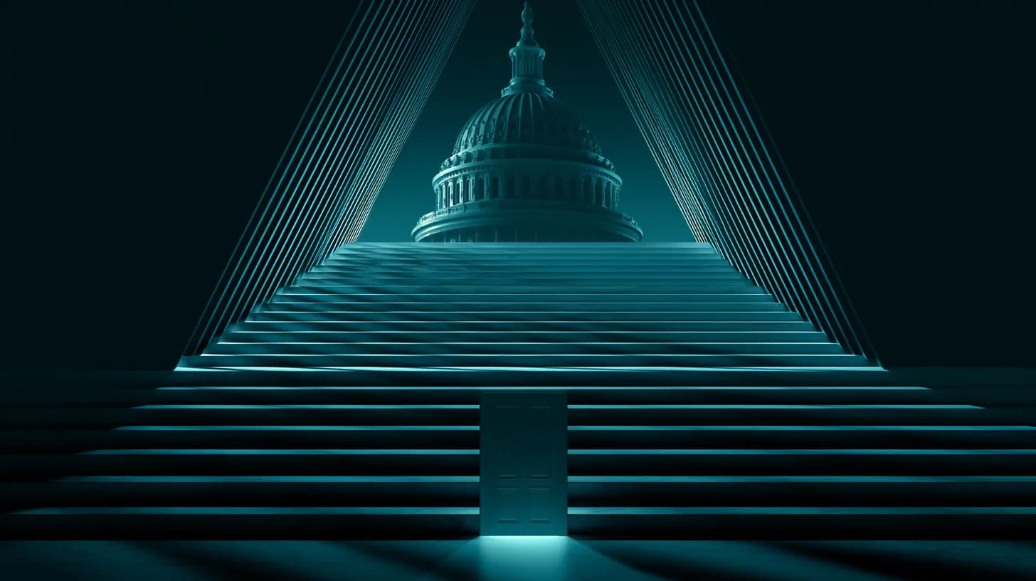 US Capitol dome at dusk with a closed door in the foreground, symbolizing the closing legislative window