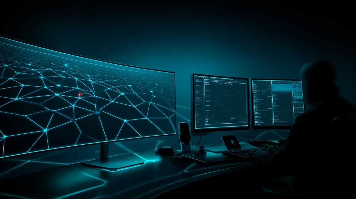 Security operations centre monitors showing a network diagram with one node flagged red, illustrating an AI red-team…