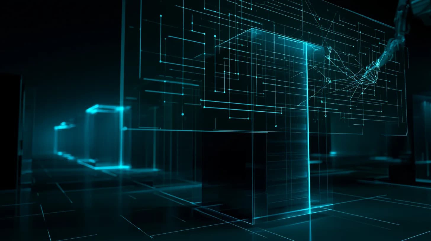 Server rack with a holographic neural network blueprint being sketched by a robotic arm
