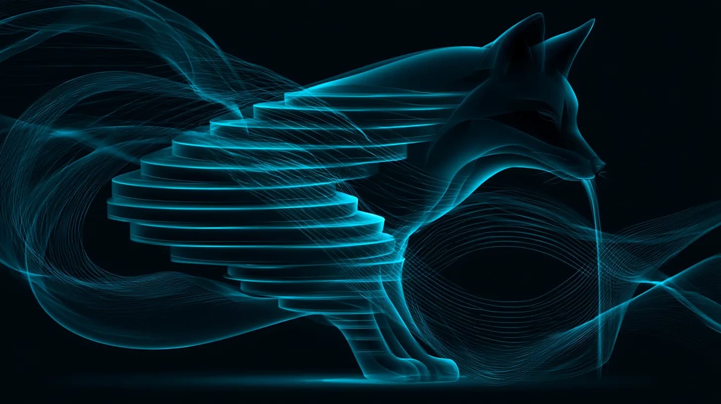 Pancake stack morphing into a fox-shaped silhouette with glowing liquidity ribbons flowing between them