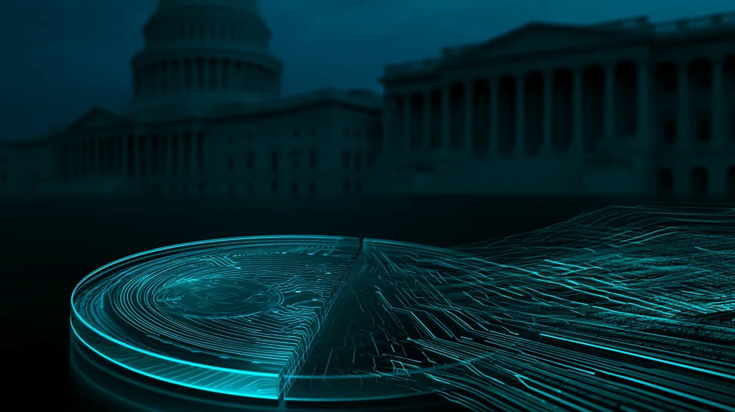 US Capitol with a stablecoin splitting into bank and code halves, illustrating GENIUS Act scope debate