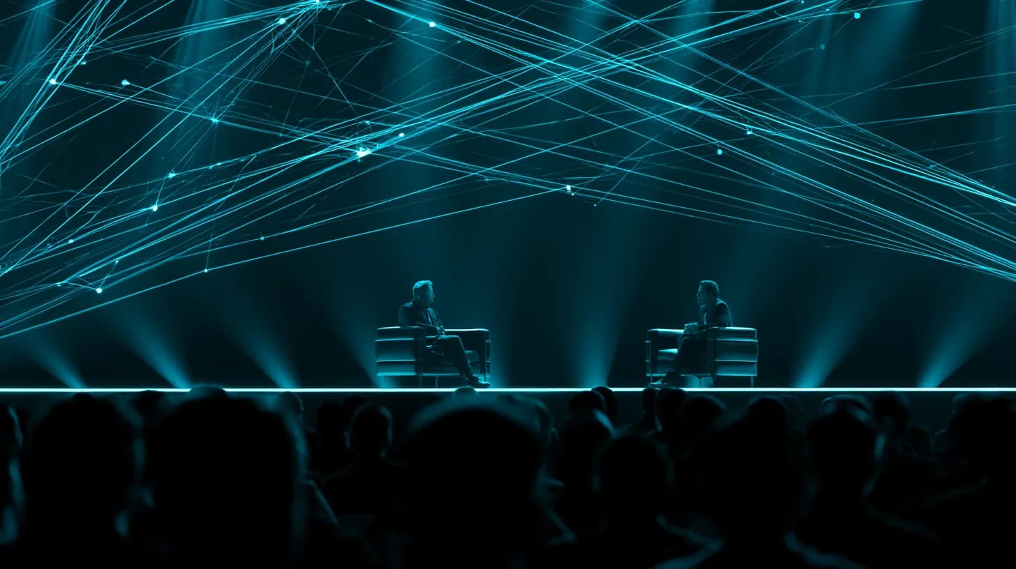 Two executives on stage at Consensus Miami discussing crypto payment rails for AI agents under blue stage lighting