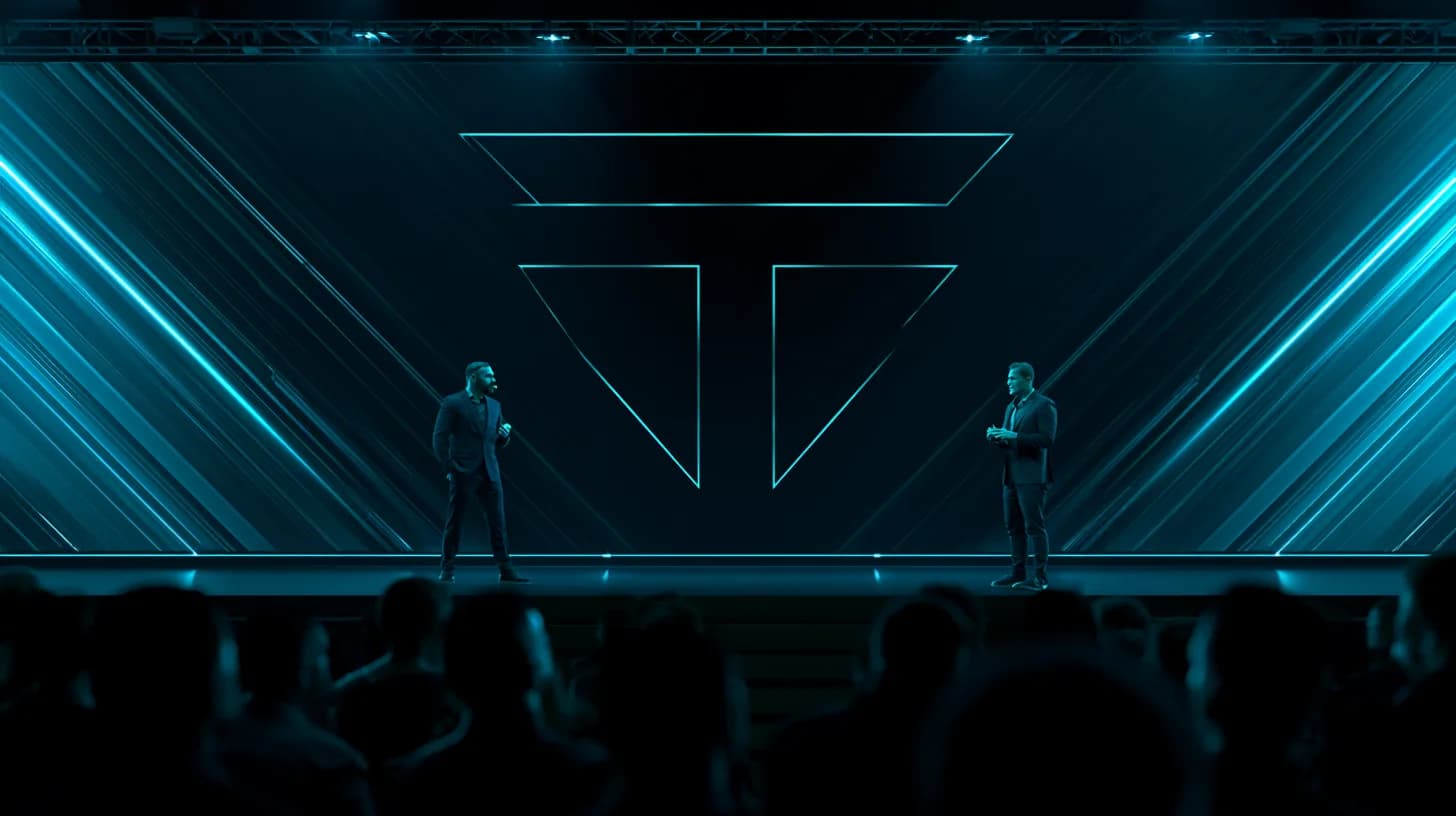 Two speakers on the Consensus 2026 main stage in Miami, dark backdrop with a gold Pi symbol