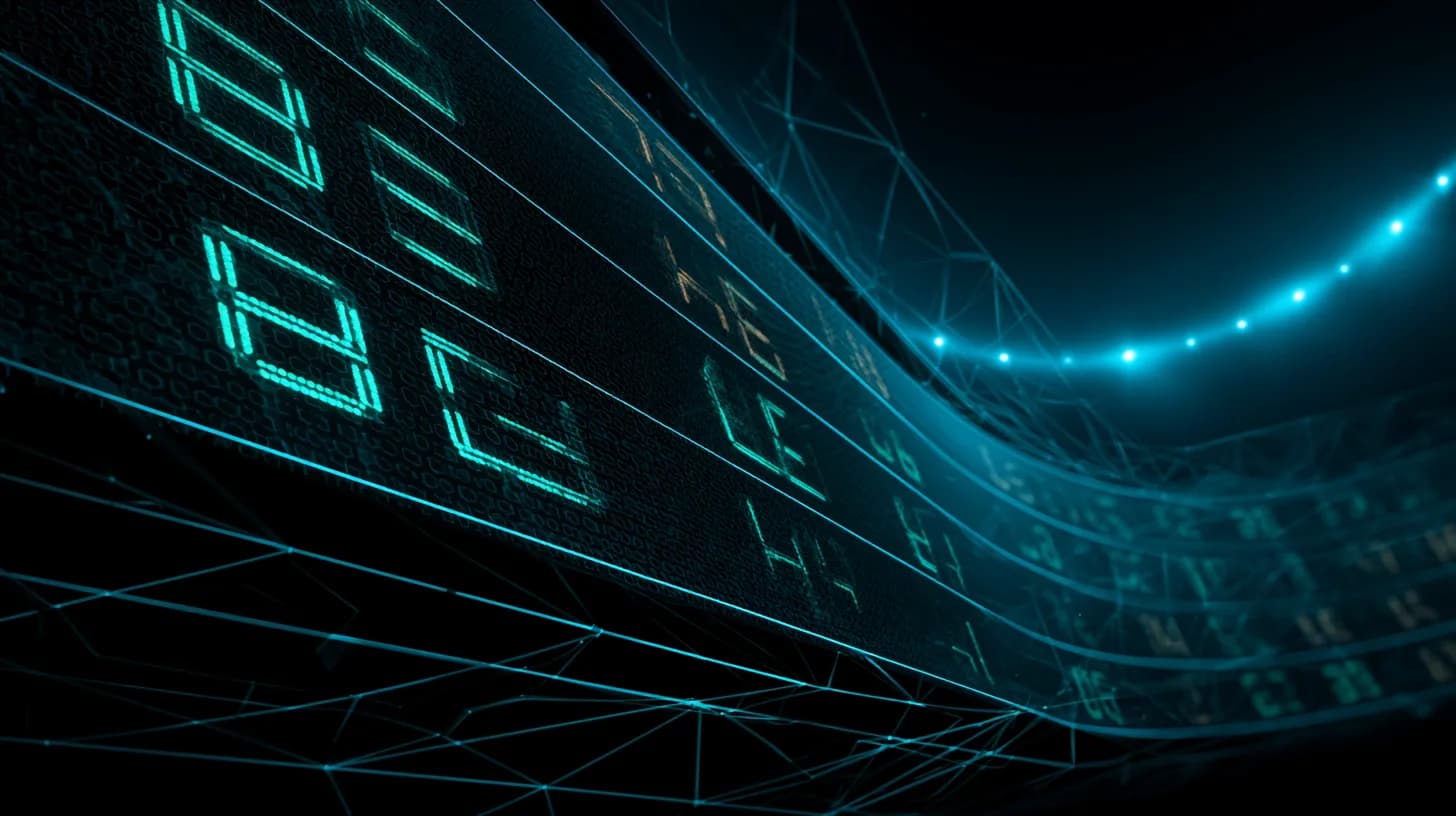 Stadium scoreboard showing on-chain Golden Boot prediction market odds at night