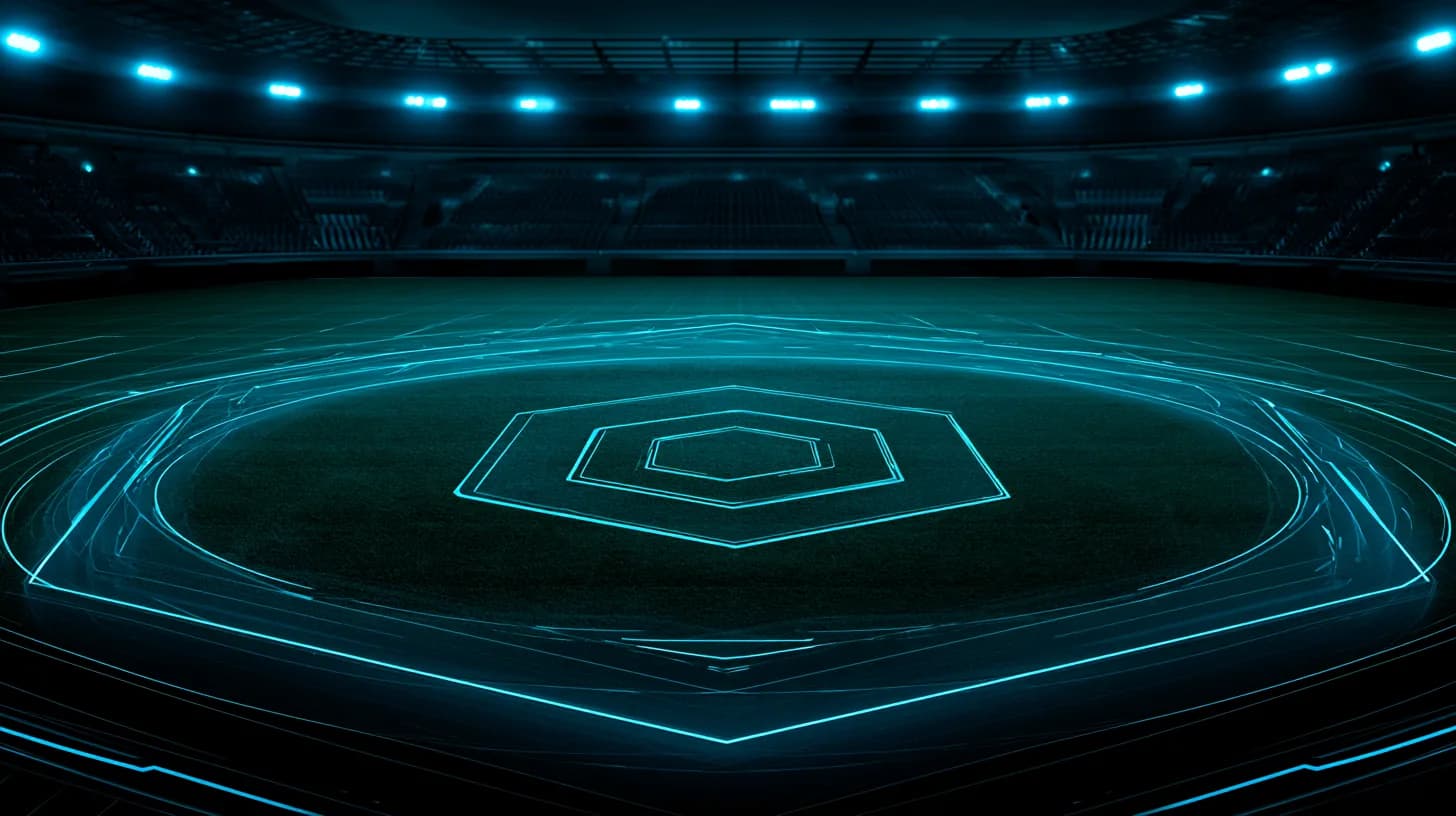 Premier League stadium at dusk with a faint crypto logo projected on the centre circle as the 2026 transfer window opens