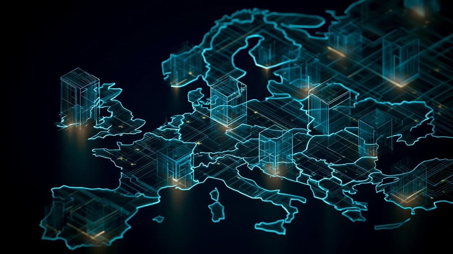 Modular AI workflow blocks floating above a stylized European Union map, illustrating sovereign AI infrastructure