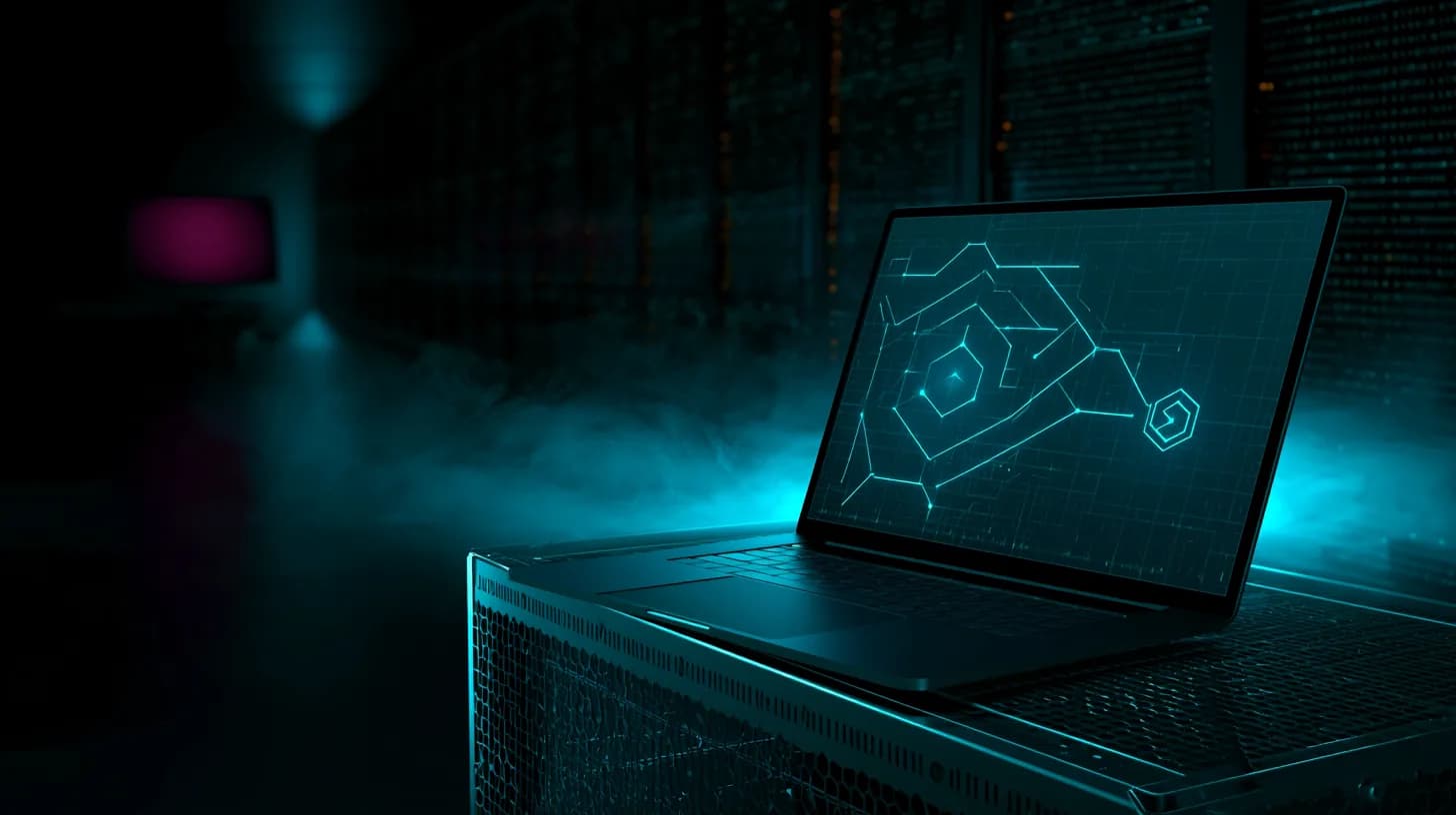 Server-room monitor shows a neural network branching from a frontier-AI logo into a smaller open-source sigil