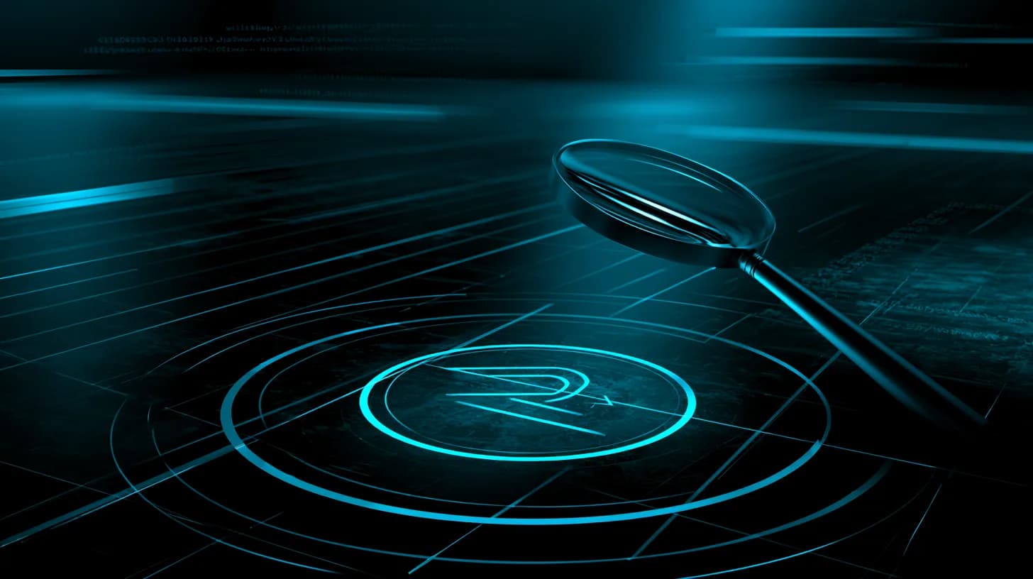 Magnifying glass examining a RAIN crypto token over a dark trading floor with wallet trails.