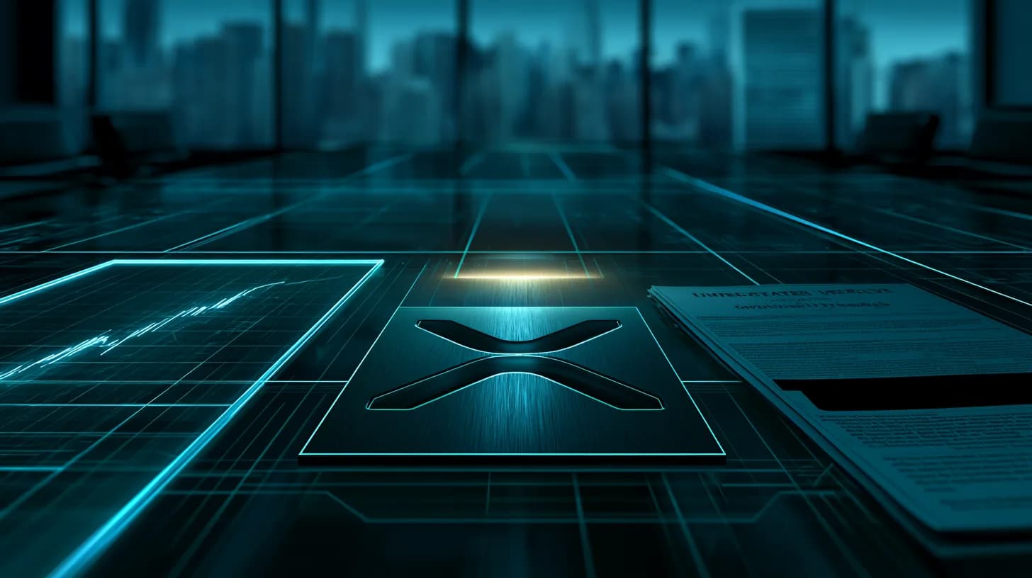 XRP logo plaque, redacted Clarity Act bill, and rising wallet-count chart on a dark boardroom table