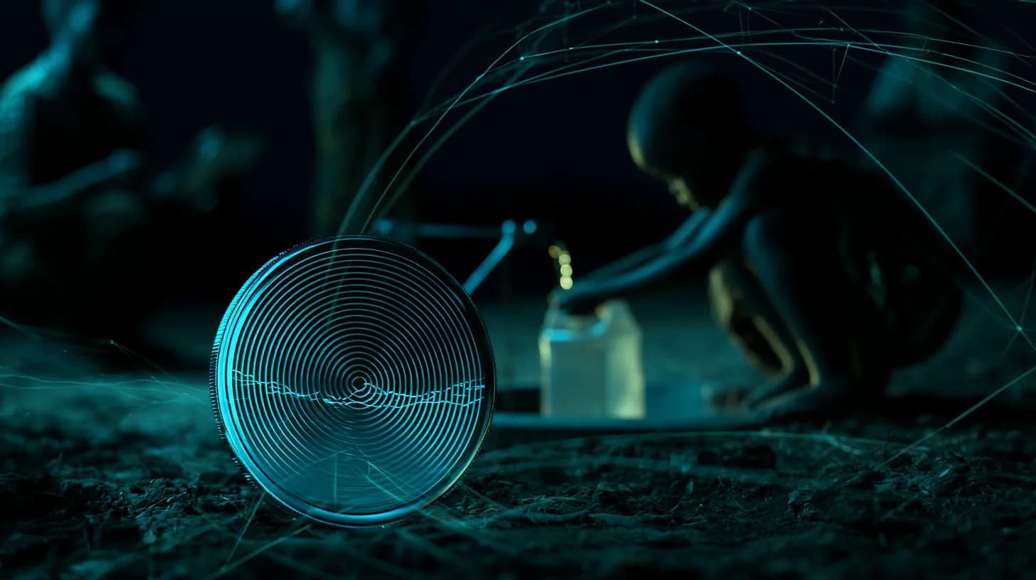 Stablecoin token beside a child filling a water container at a village tap, with a faint global payment network overlay.