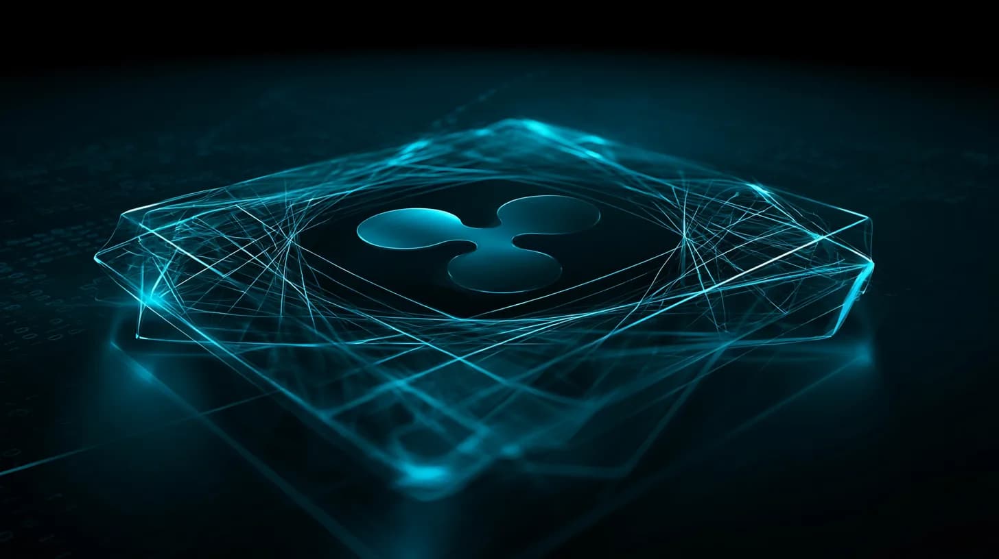 XRP logo protected by a lattice-pattern shield symbolizing quantum-resistant cryptography