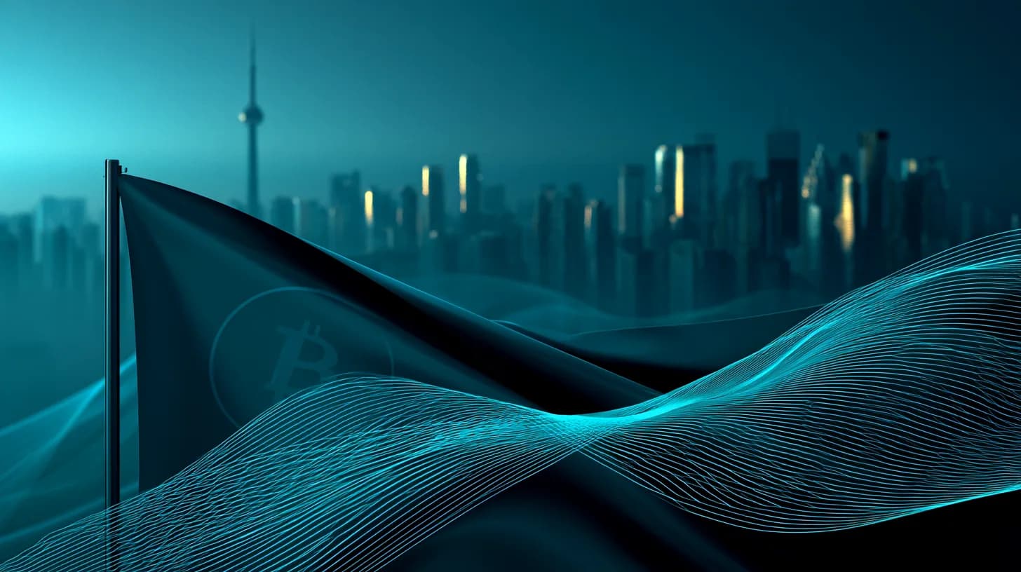 Robinhood-green flag rising over the Toronto skyline at dawn, marking the WonderFi acquisition close