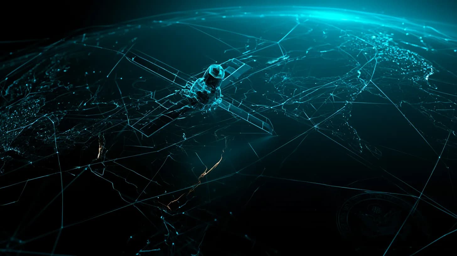 Satellite silhouette over map linking China and Iran, US Treasury seal motif, signaling new sanctions