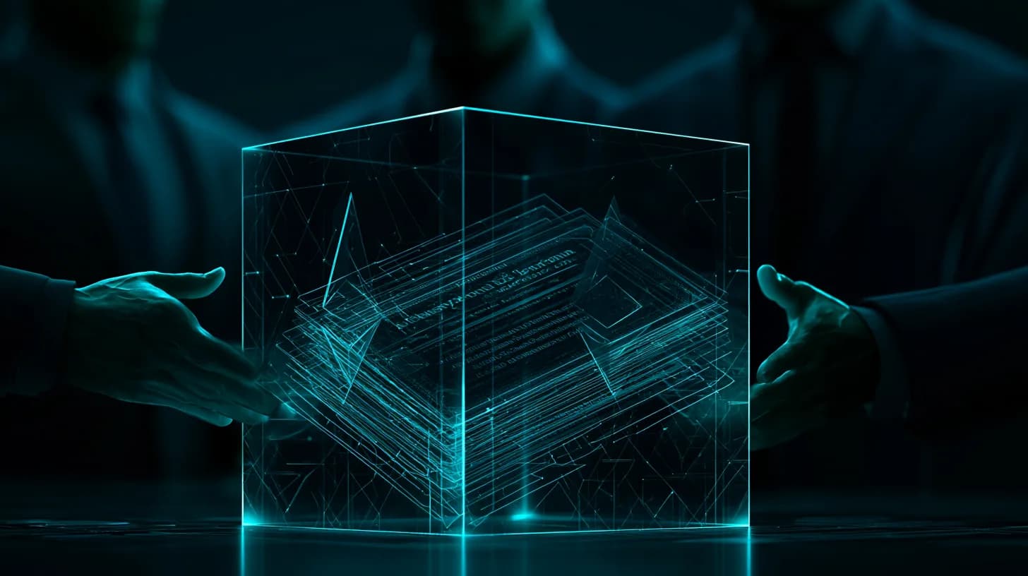 Glass cube of tokenized US Treasury certificates passed between three suited institutional figures