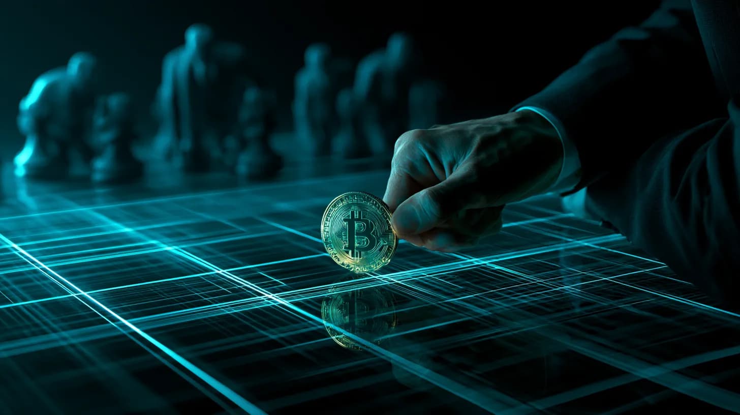 Chess player moves a golden bitcoin piece against four shadowy rival factions on a glass board