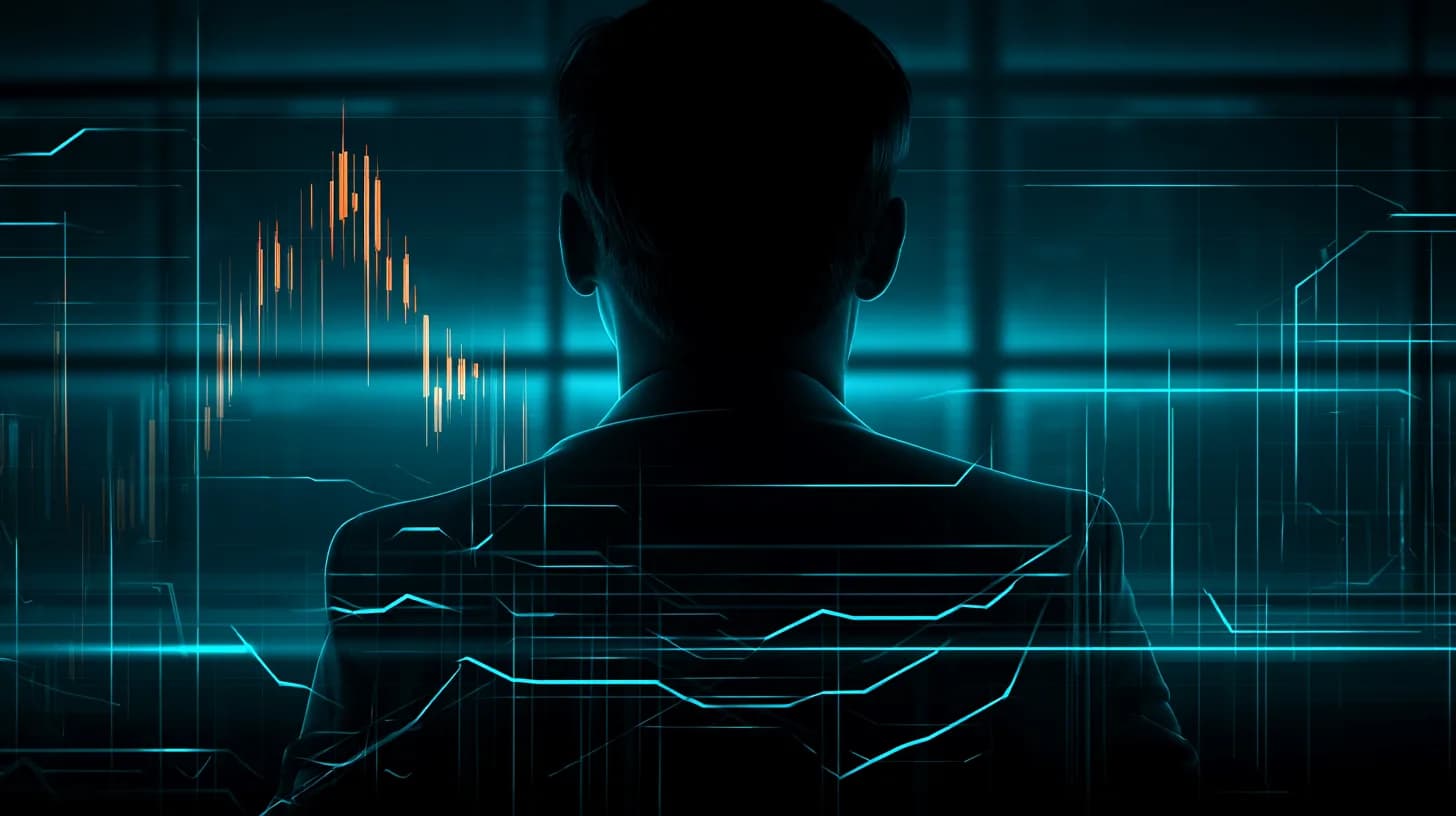 Executive silhouette facing a wall of trading monitors displaying a large bitcoin chart in a dim boardroom