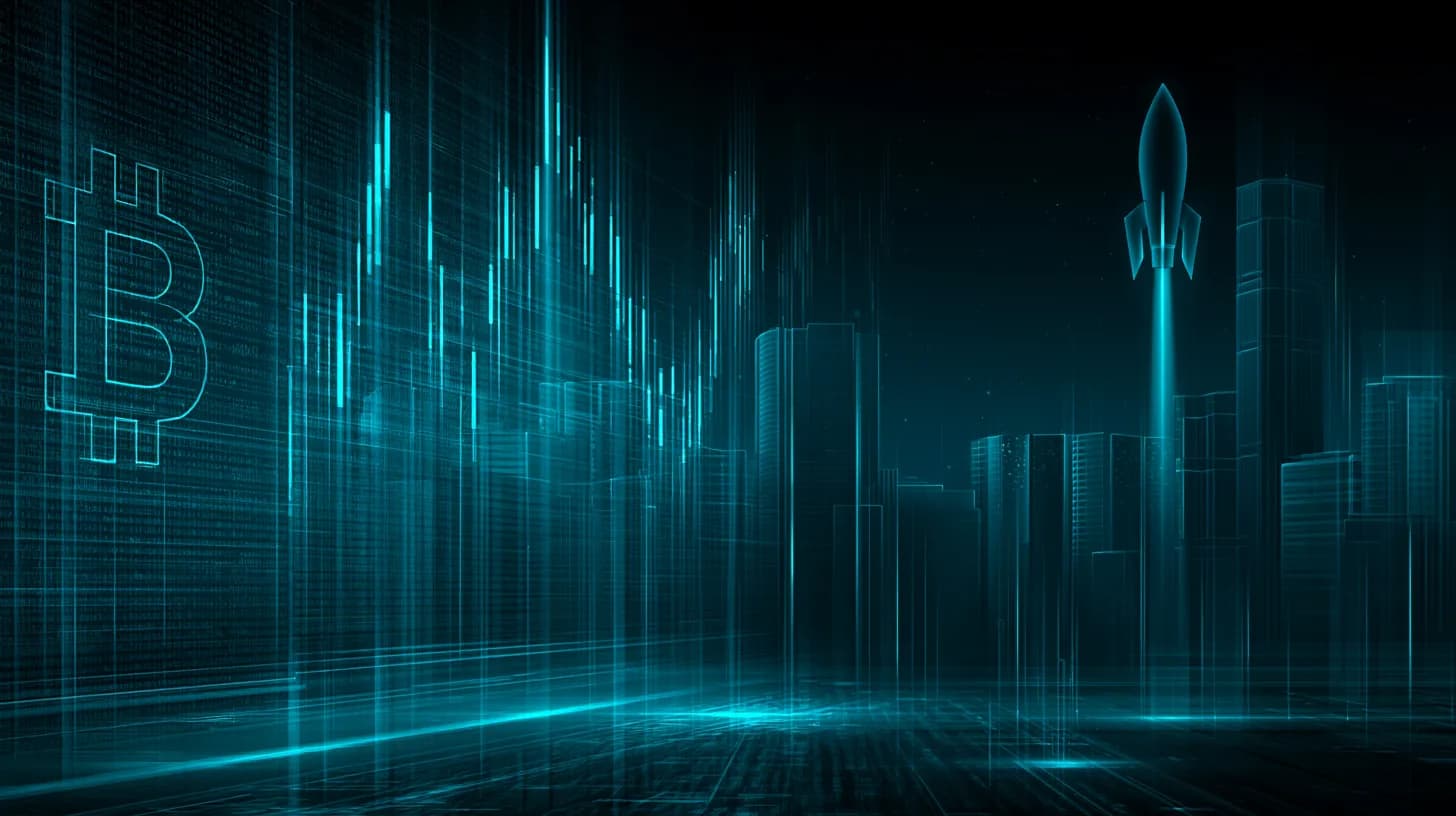 Bitcoin symbol on a stock ticker board beside a rising rocket silhouette over corporate skyscrapers