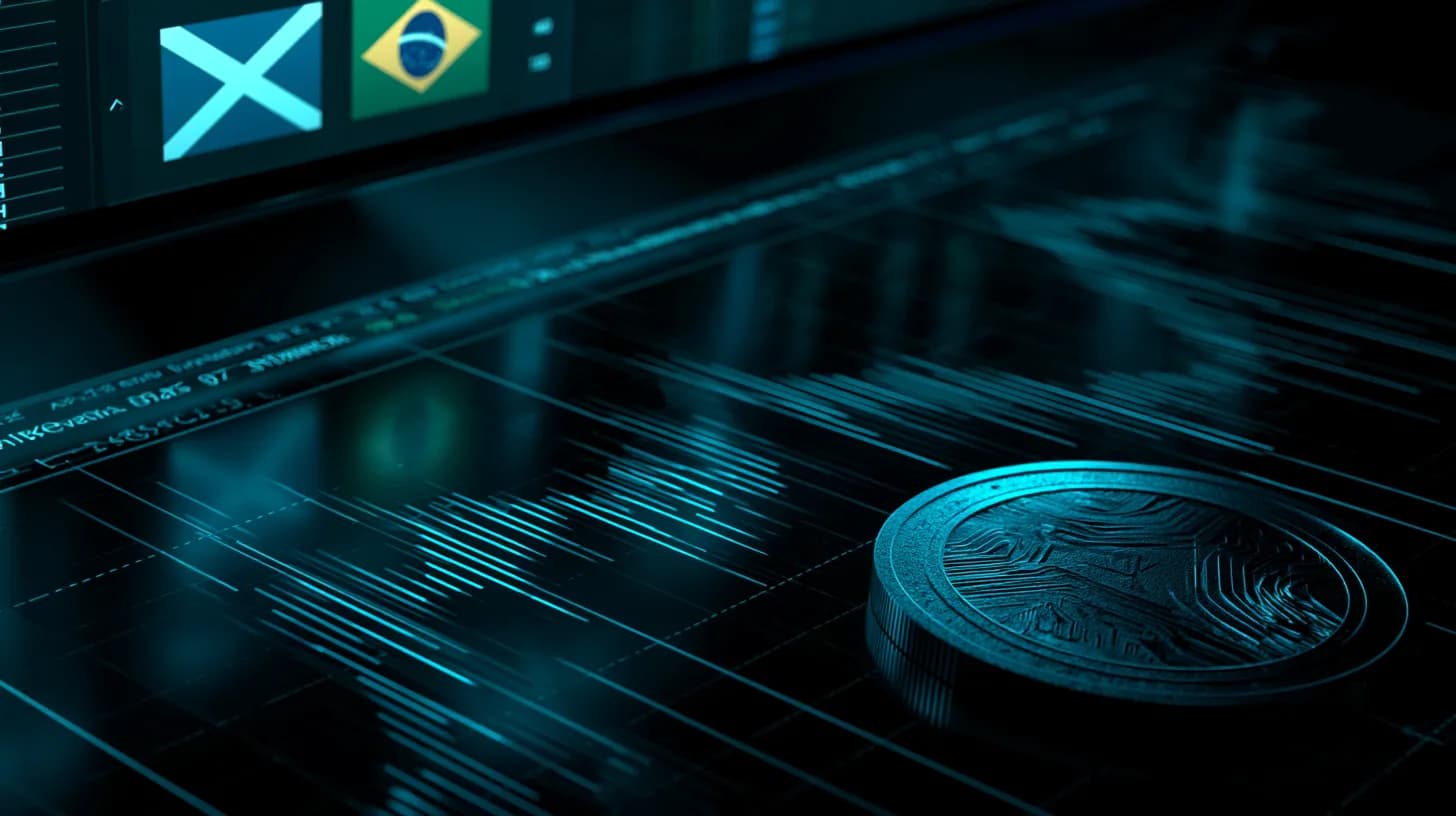Trading desk monitor showing Scotland vs Brazil ticker with a Chiliz fan token coin in foreground