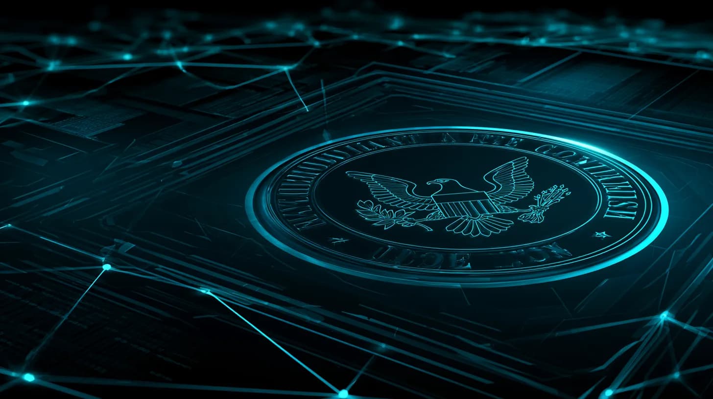 SEC seal layered over a 1990s electronic trading floor with on-chain order book overlay