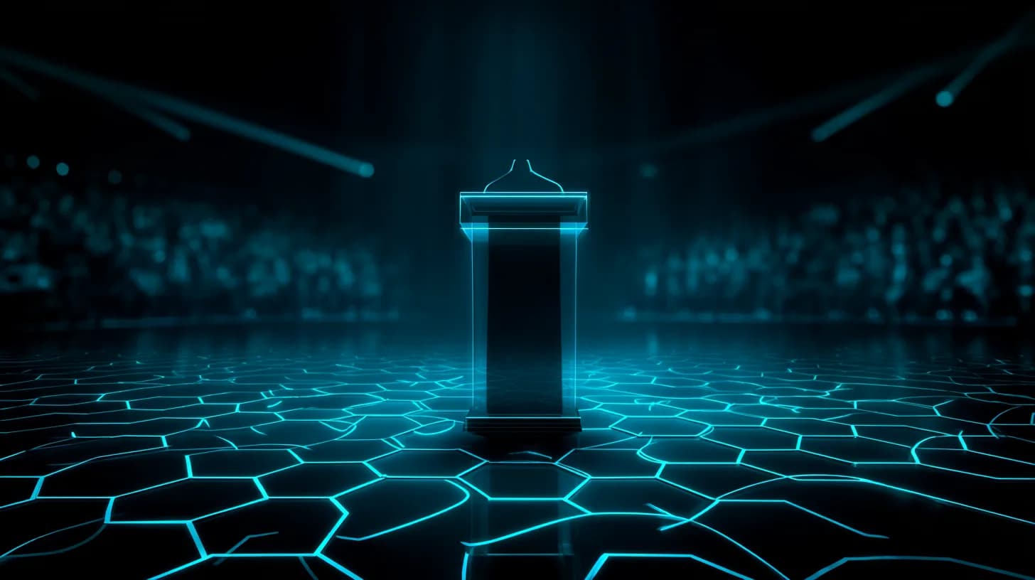SEC podium on a Bitcoin conference stage under blue and gold lights, audience in soft focus