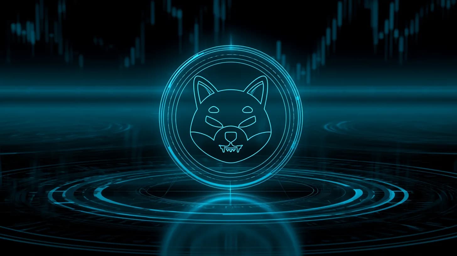Shiba Inu coin emblem on a dark trading desk with faint chart reflections