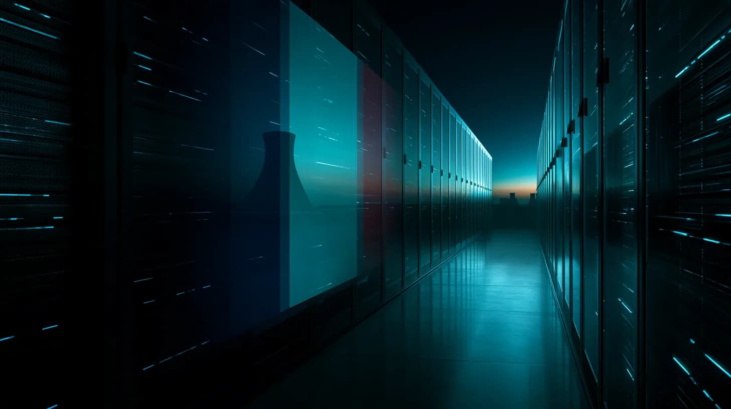 Modern data center server hall with a French flag light overlay and nuclear cooling tower silhouette at dusk in background