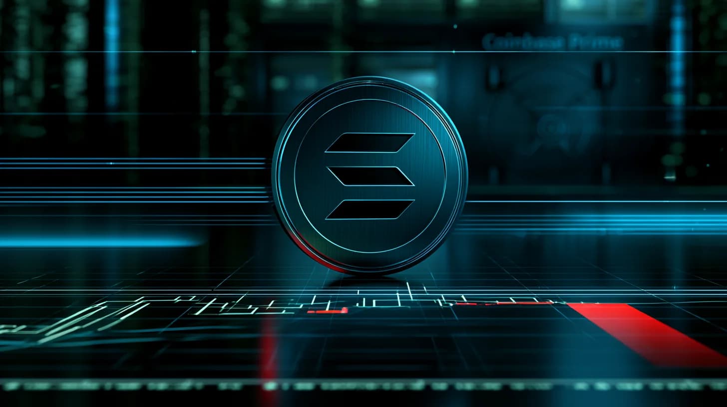 Solana logo medallion on a dimly lit trading floor with a consolidating candlestick chart and faint Coinbase Prime vault…