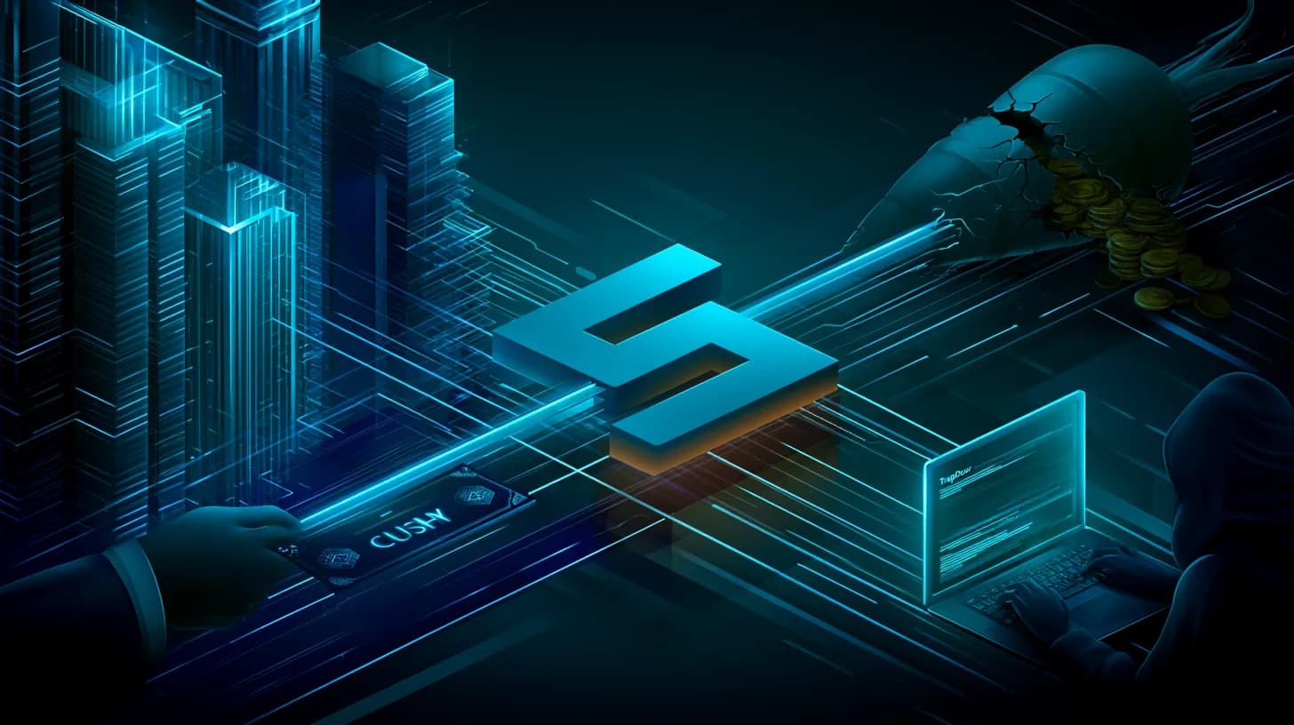 Stylized Solana logo caught between institutional skyscrapers carrying a CUSHY certificate and a cracked carrot-shaped…
