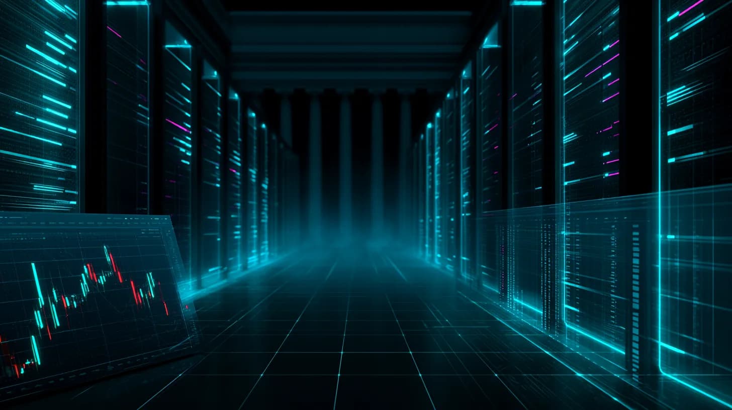 Editorial illustration of a Solana validator data center with a foreground trading terminal showing a red candle