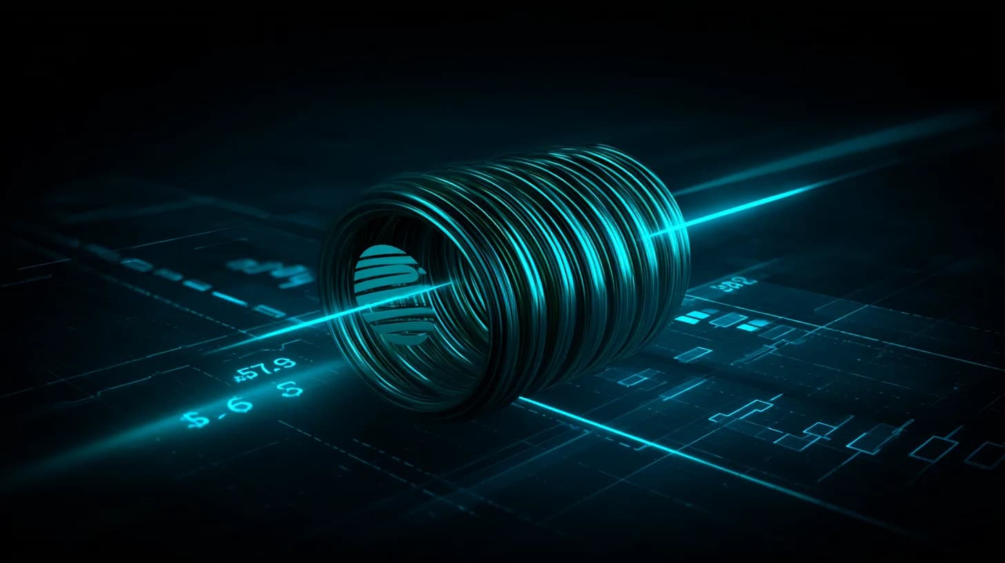 Illustration of a coiled spring compressed between $77 and $94 price bands with a Solana logo, representing the SOL…