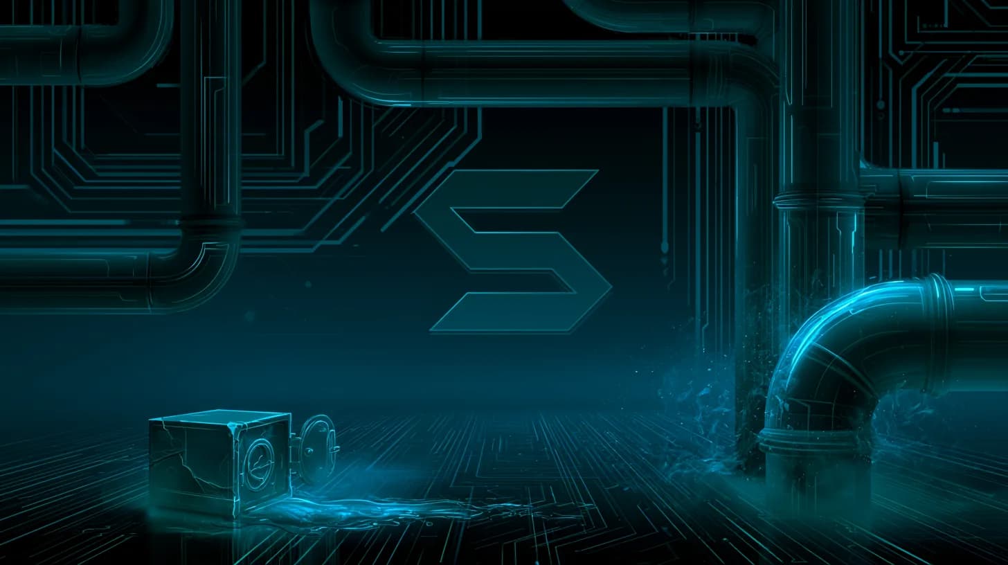 Illustration of institutional pipes connecting into Solana network with a leaking DeFi vault in the foreground