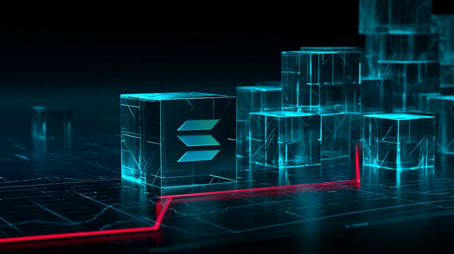 Solana logo against a red downtrend with glowing tokenized real-world asset cubes stacking in the background