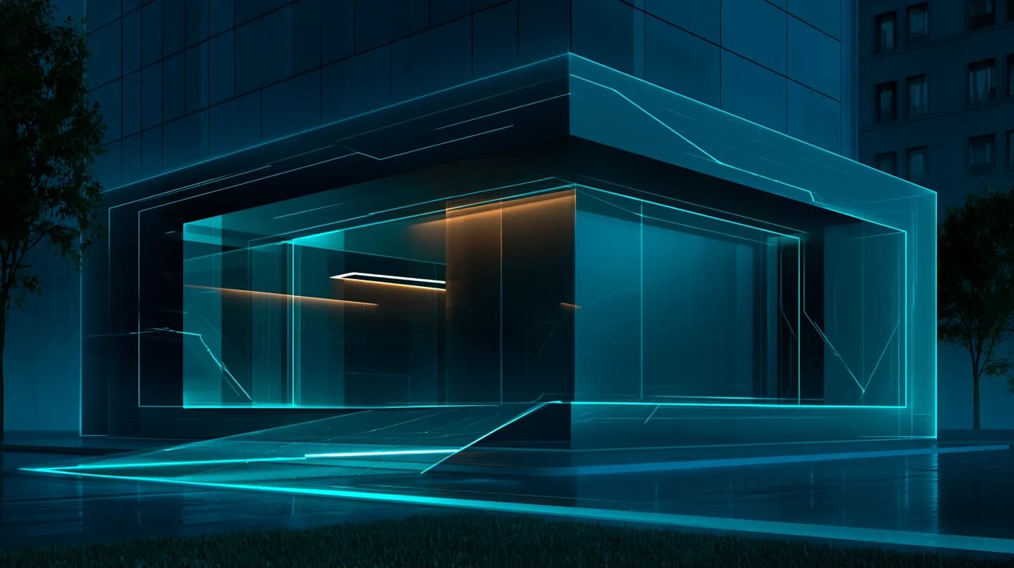 Bank building at dusk with glowing blockchain rails extending from its entrance, symbolizing institutional crypto adoption