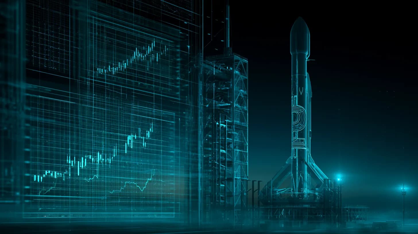 Rocket on launchpad at dawn with Bitcoin logo on fuselage, trading charts reflected in launch tower glass