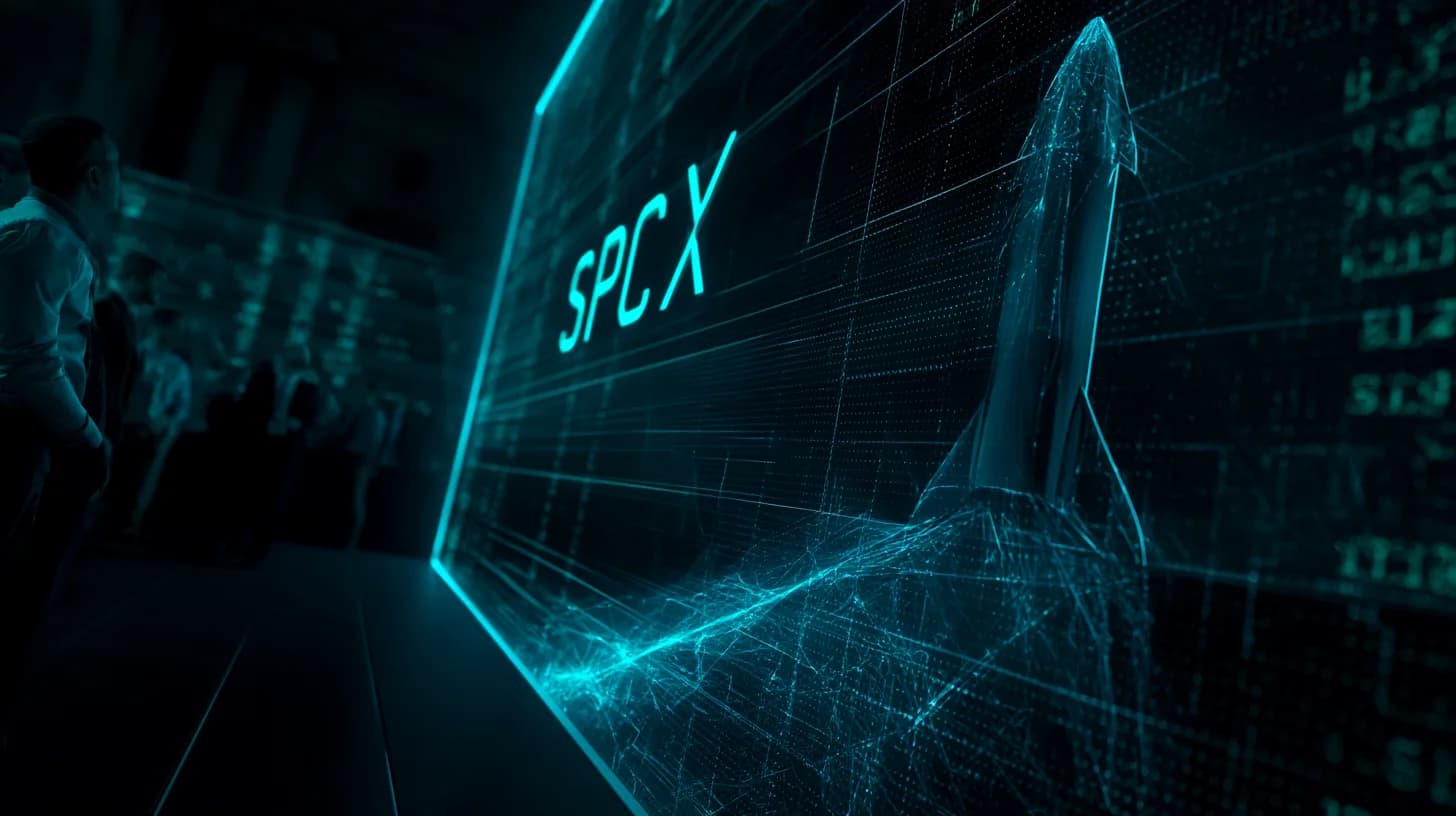 Stock ticker board showing SpaceX IPO debut with rocket silhouette overlay on a Wall Street trading floor backdrop