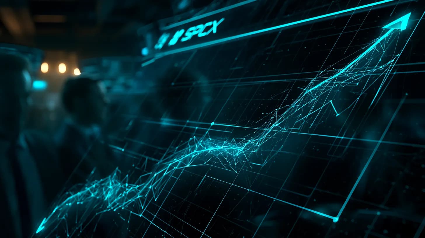 NYSE trading floor screen shows SPCX ticker surging on SpaceX IPO debut day