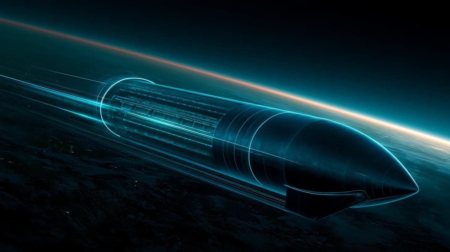 SpaceX Starship lifting a GPU server cluster toward low Earth orbit with the curvature of Earth visible at dawn
