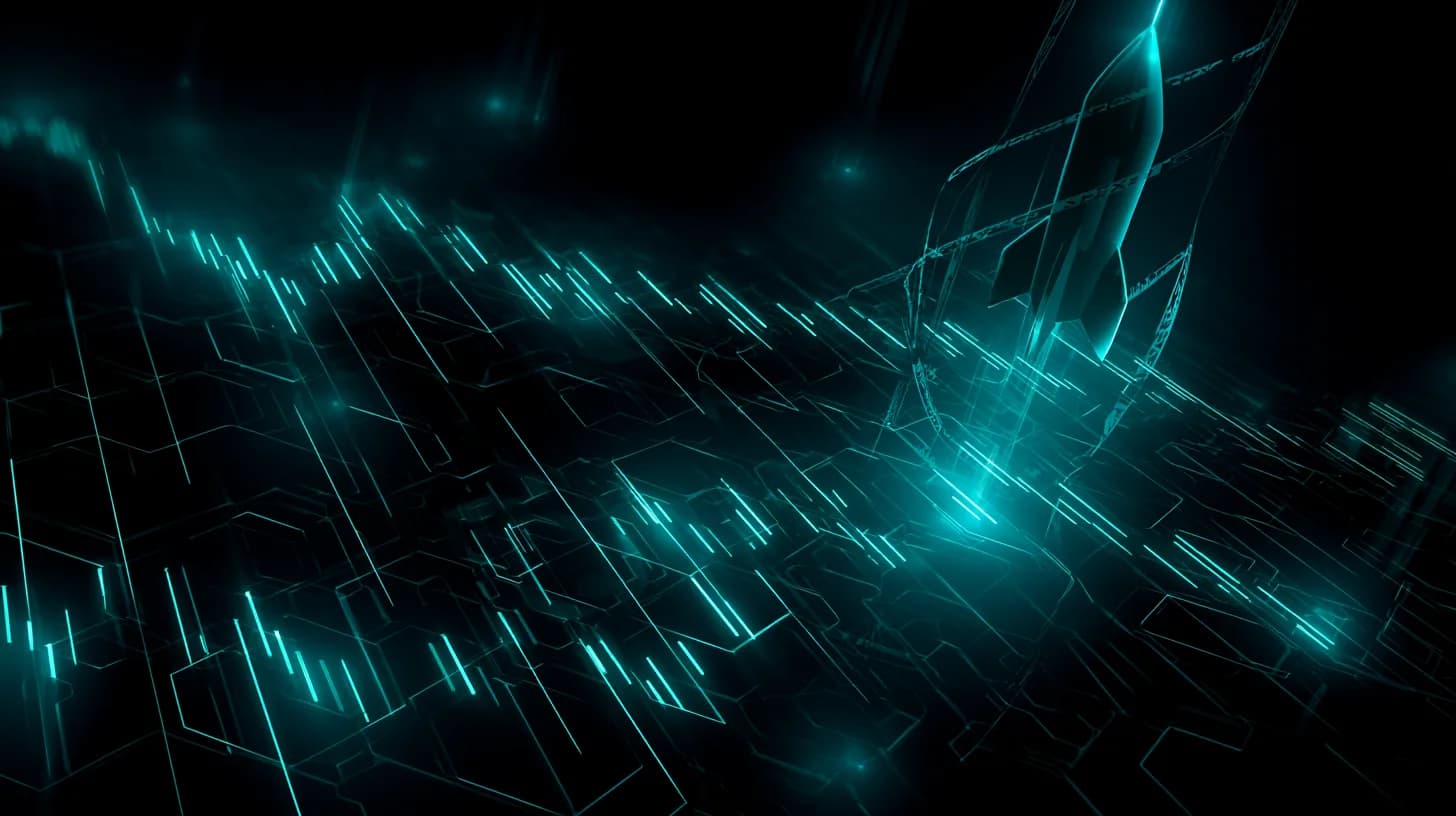 Rocket ascending through candlestick charts and blockchain hexagons illustrating SpaceX tokenized stock launching on Solana