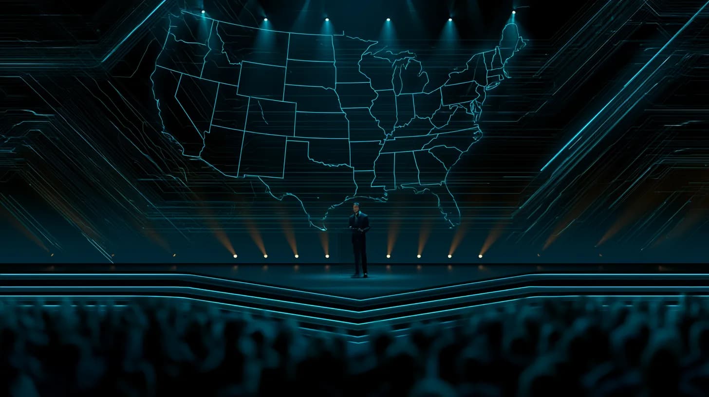 Speaker on a Consensus Miami main stage with a U.S. map graphic behind, addressing a seated industry audience