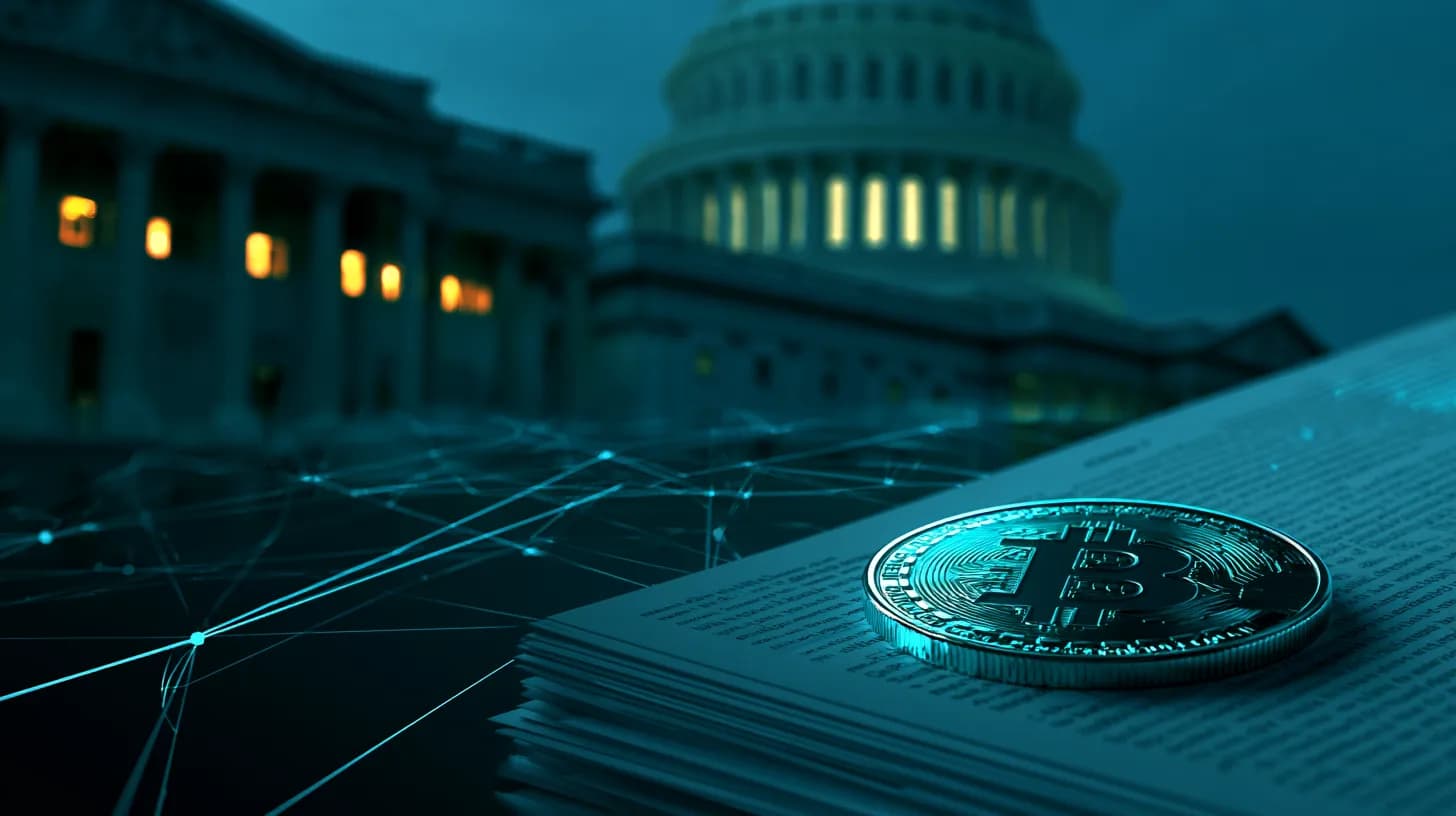 U.S. Capitol at dusk with a bitcoin coin on legislative documents in the foreground